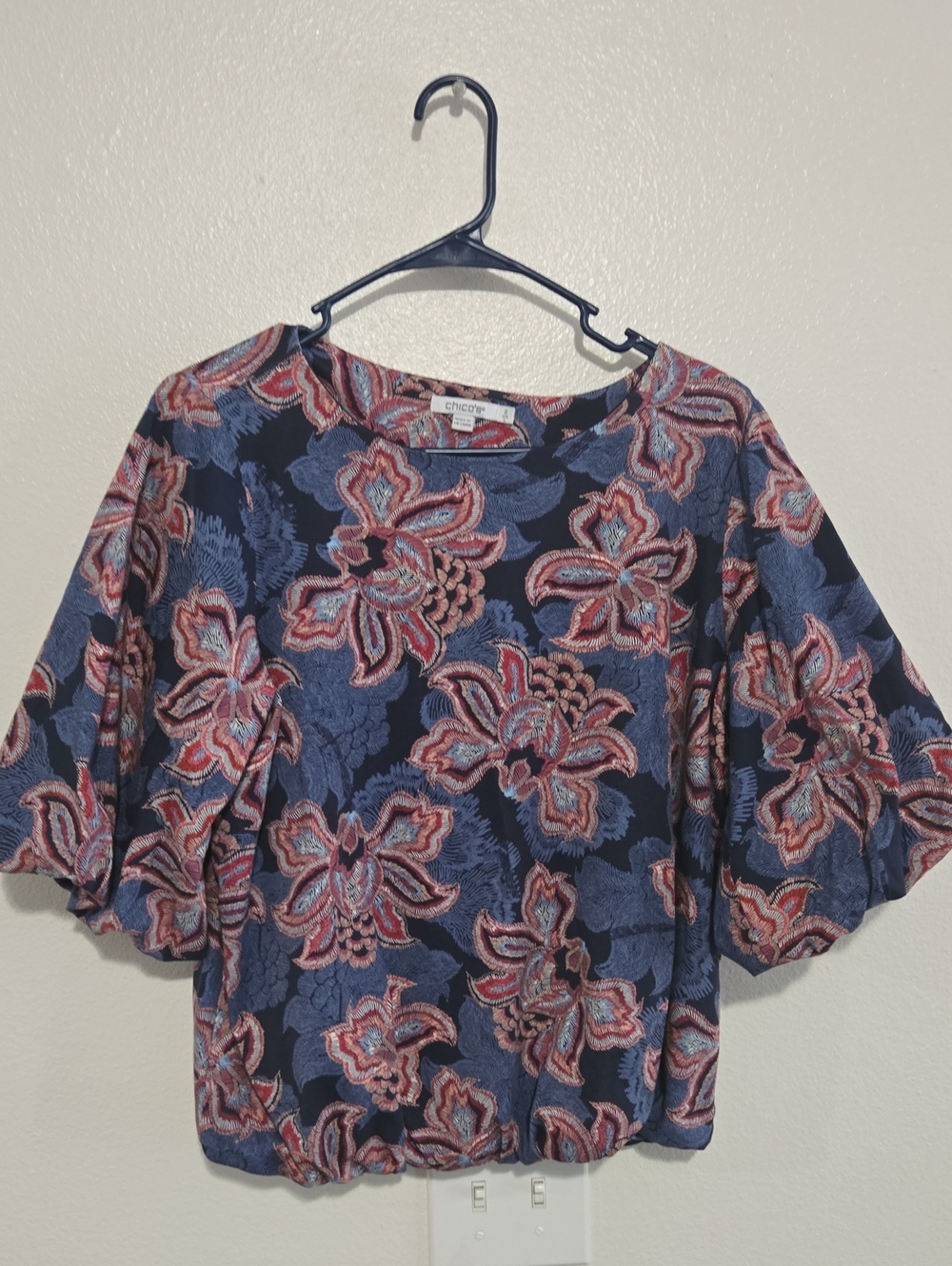 Chico's Navy Floral Puff-Sleeve Blouse with Coral & Sky Accents